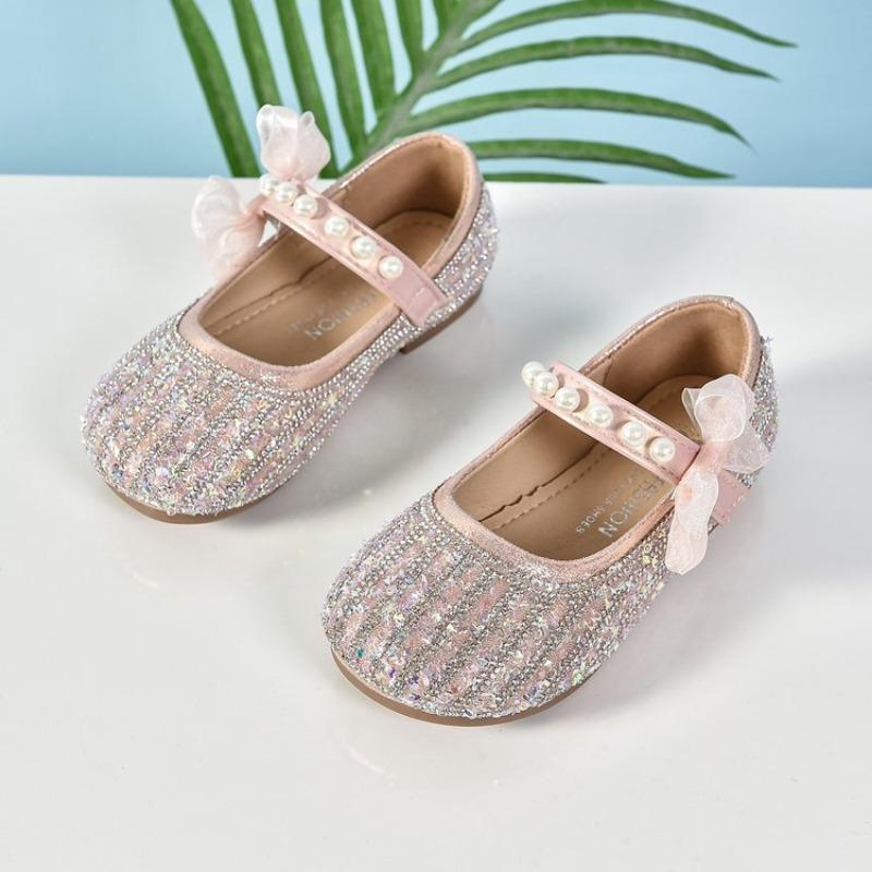 Girls Pearl Bow Rhinestone Mary Jane Non Slip Casual Princess Flat Shoes 23 розовый