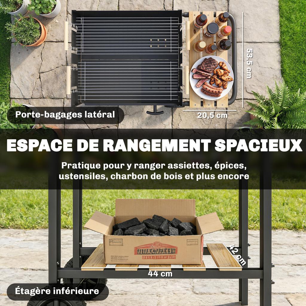 Wooden Barbecue Cart, 2 Adjustable Grills, Charcoal Barbecue On Wheels, Side Shelf, Black