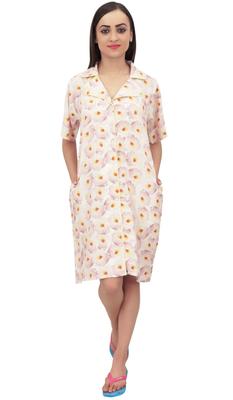 Women Floral Print Nightshirt Button Down Off White Sleep Shirt Nightgown -