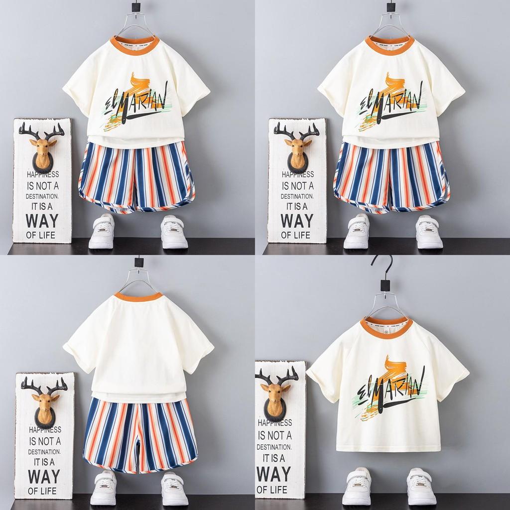 Stylish Boys Summer Outfit Set With Colorful Striped Short Sleeve T-shirt And Shorts For Kids Aged 3 To 8 Years