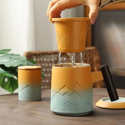 Ceramic Embossed Tea Cup with Lid Large Capacity Filtration Teacup Office Water Cup Simple Tea Water Separation Cup Mug Mug