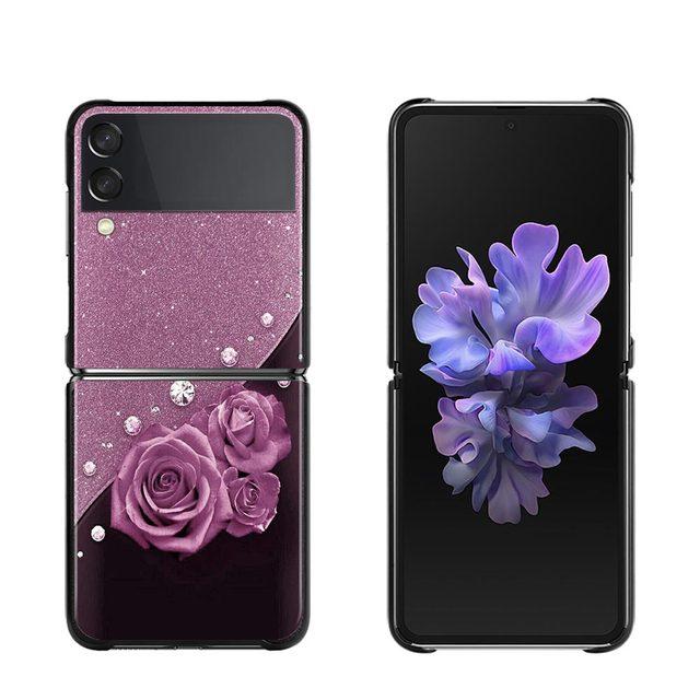 Phone Case For Samsung Galaxy Z Flip3 5g Back Cases For Samsung Z Flip Capa Black Shell Fundas Rose Pink Purple Bling Pattern