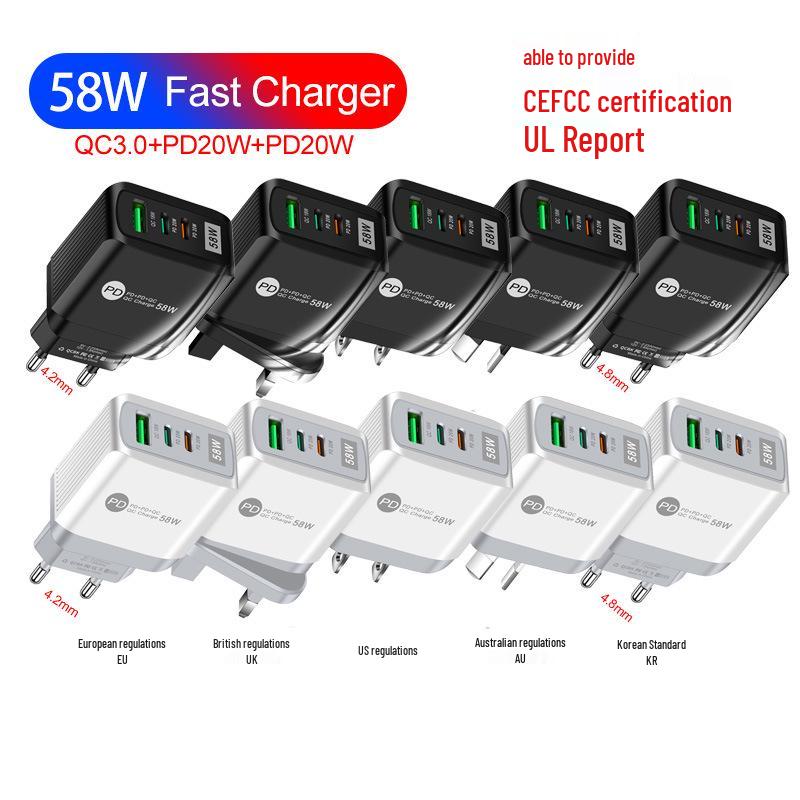 Luminous 58W Fast Charger: Dual Fast Charge 2PD + QC3.0 USB for Mobile Phones, Certified PD Charger
