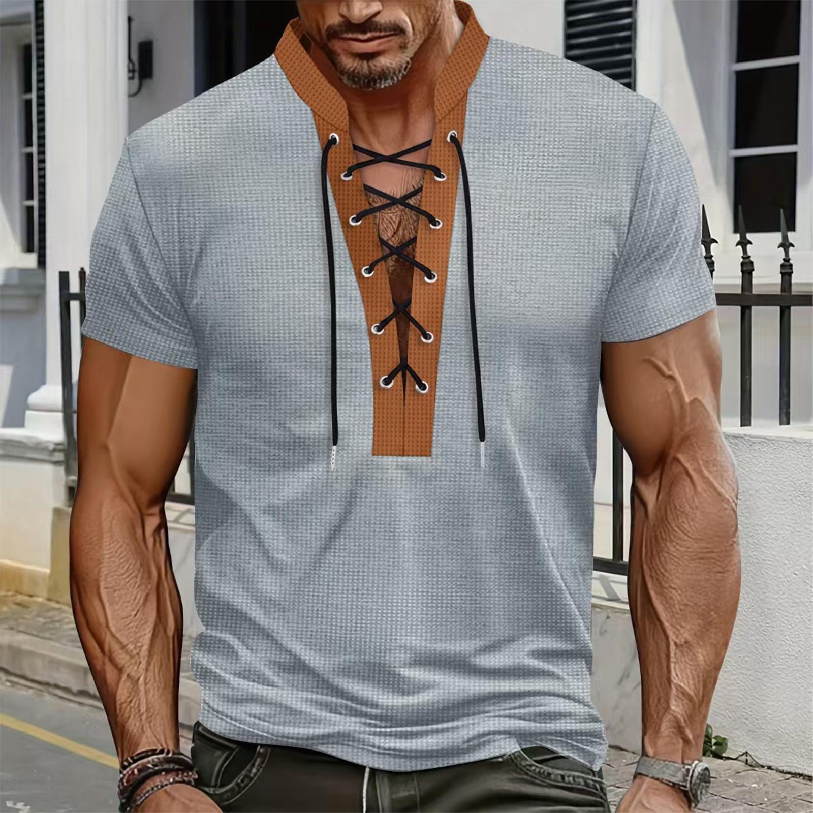 Men S Casual Patchwork Rope Round Neck Short Sleeved TShirt XXL 1690₽