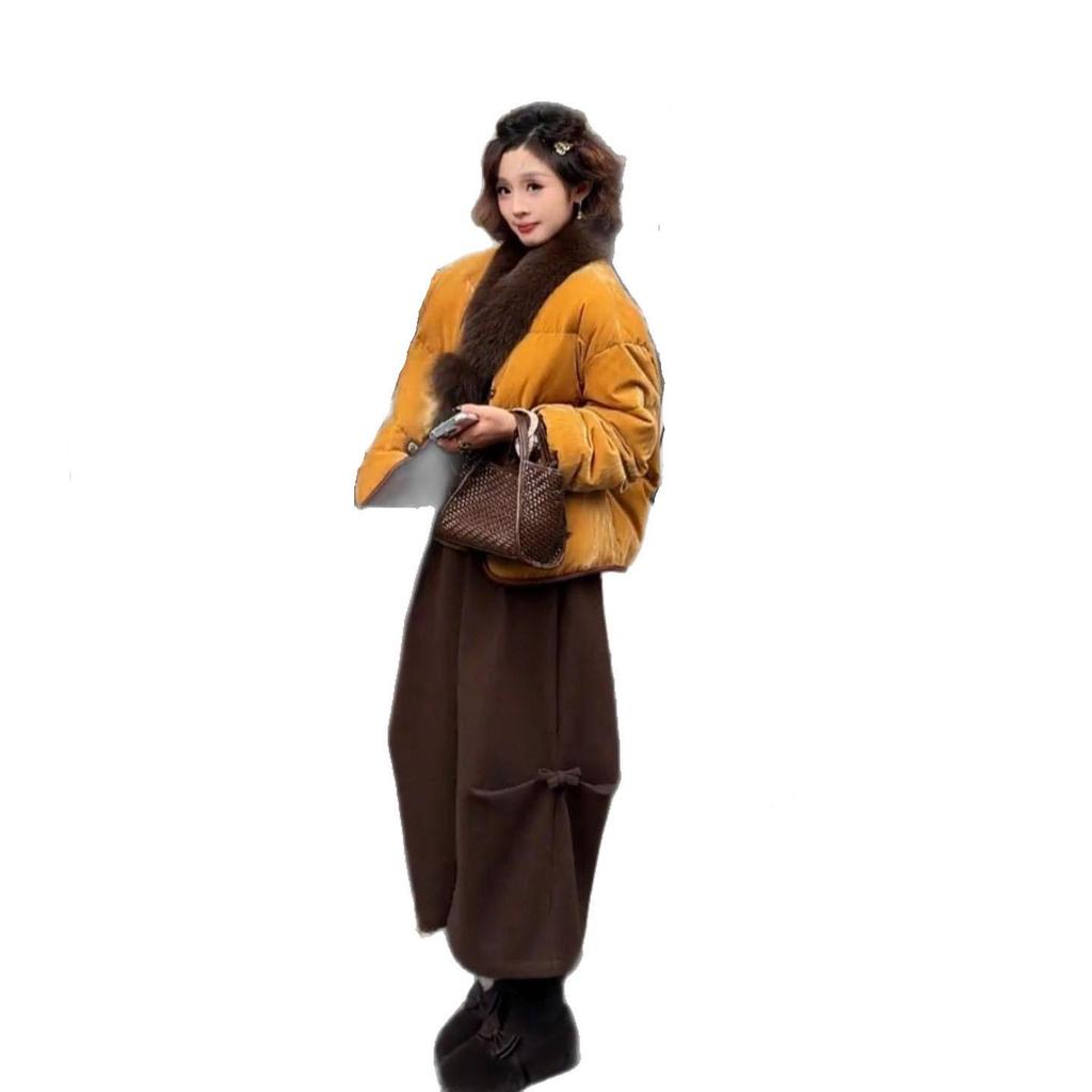 Women's Retro High-Waisted Winter Jacket & Wide-Leg Pants Set