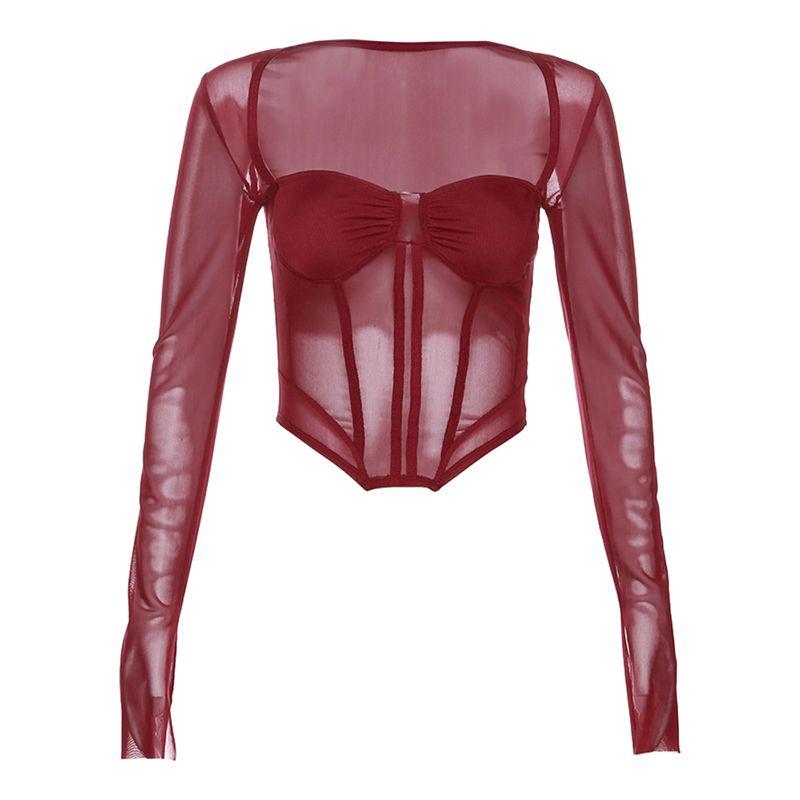 

Kliou Fashion Ins Сексуальная прозрачная сетчатая футболка с длинным рукавом Женская короткая облегающая талию приталенная асимметричная сексуальная майка Red M