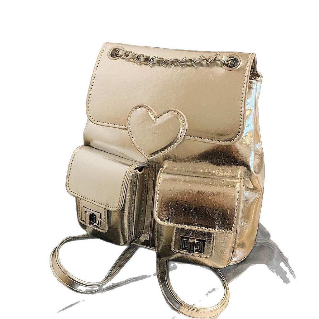 Design Sense Niche Backpack Silver Women's Heart New Fashion Backpack Versatile Chain Bucket Travel Small Bag