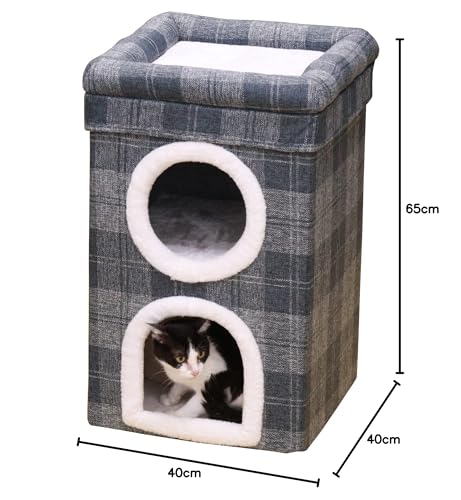 Fujiboeki Pet House/Pet Bed, 2-Room, 40cm Wide X 40cm Deep X 65cm High, Gray, Checkered Pattern, for Dogs and Cats, with Roof Bed, 53720, Small