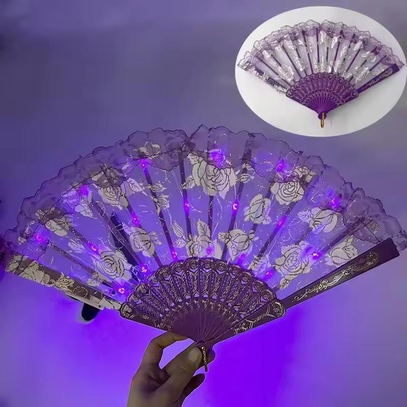 Light Up Folding Fan Lolita Dance Stage Performance Hand Fan LED Retro Dark Red Black Rose Fans Wedding Party Photograph Prop