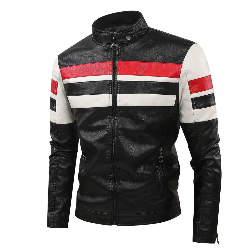 2025 Men's Color Block PU Leather Motorcycle Jacket - British Casual Style