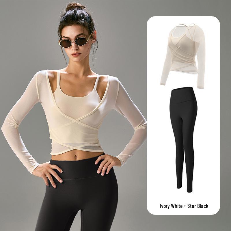 Women's Professional Yoga Set: Long Sleeve, Waist-Cinching, Slimming Two-Piece for Pilates with Chest Pads.