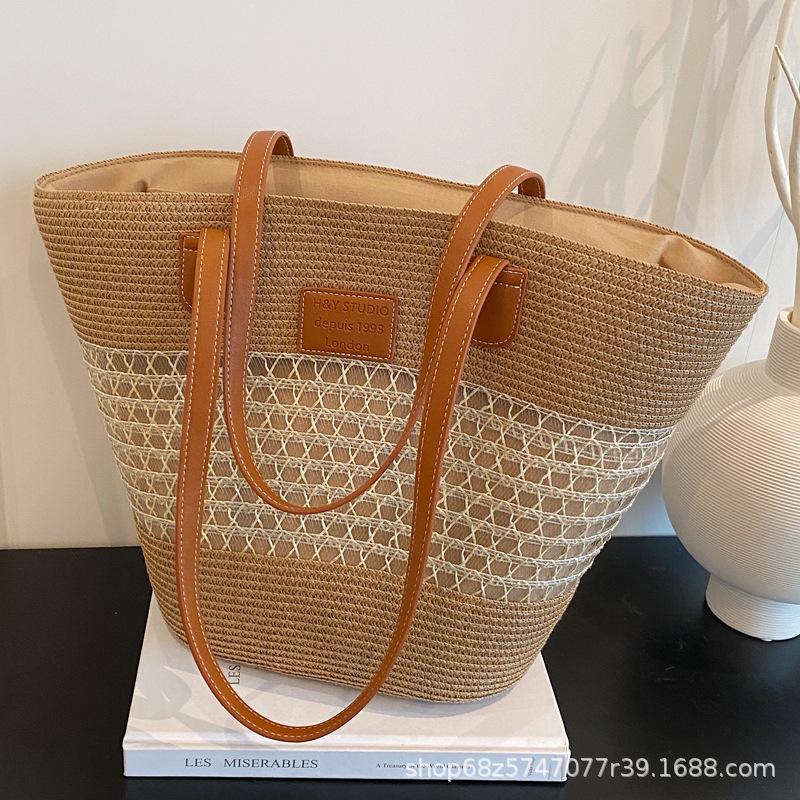 Shoulder large capacity women's bag seaside vacation woven tote bag straw bag portable French beach bag new