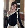 Sweet and spicy slant-neck off-the-shoulder knitted bottoming shirt women's spring contrasting top slim-fitting sweater