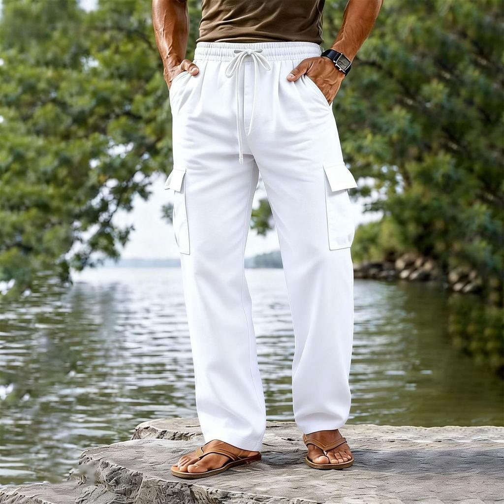 Men's Cotton Linen Drawstring Waist Straight Leg Breathable Long Cargo Pants Casual Loose Fit Trousers with Pockets