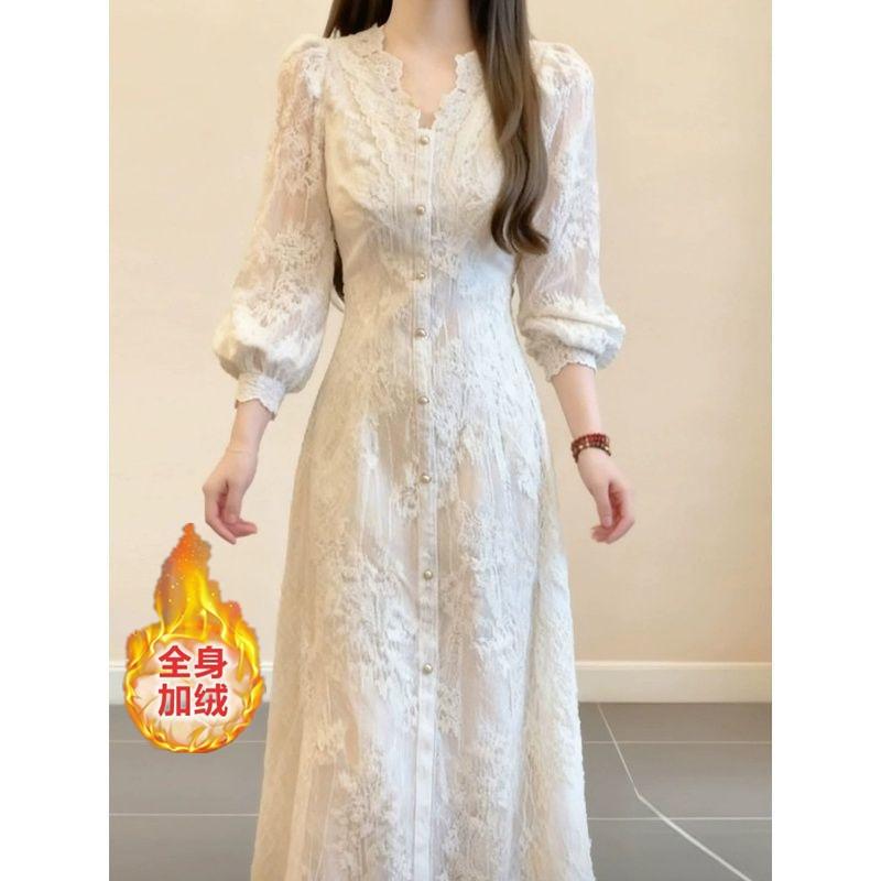 Französisches Sanftes Spitzenkragen Langarmkleid Einzigartige Schönheit Hohes Temperament Taille Langes Kleid Herbst