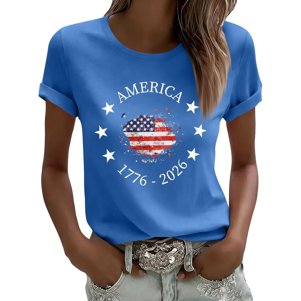 Women's Casual Printed T-Shirt Round Neck Pullover Short Sleeve Top