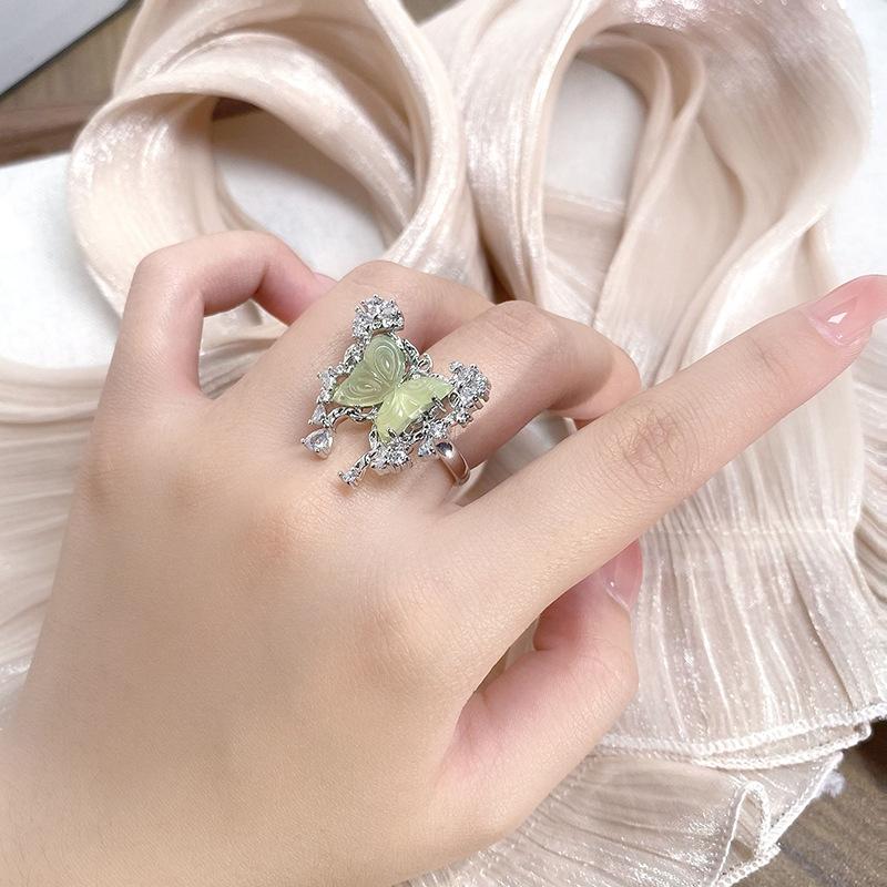 Medieval Green Butterfly Cool Niche Design Open Ring Light Luxury High-End Ring