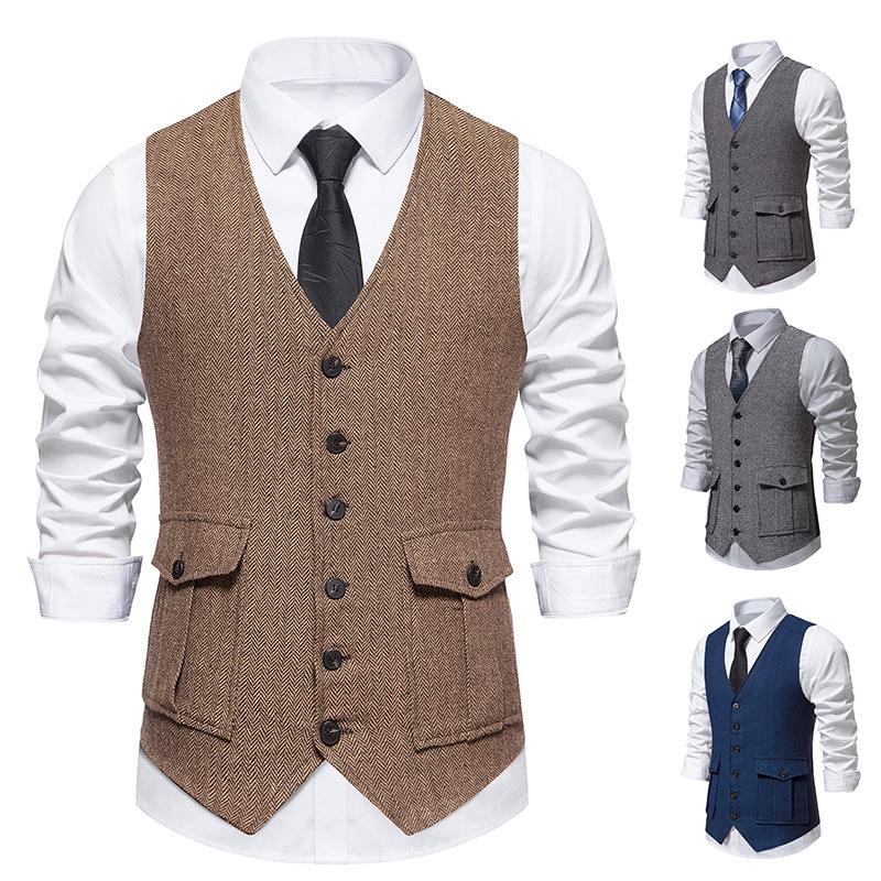 Retro Single-Breasted Men's Suit Vest with Three-Dimensional Pockets