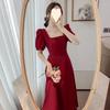 Black Dress Women's Summer New Ins Coffee Break Dress Temperament Square Collar Knee Long Small Black Dress