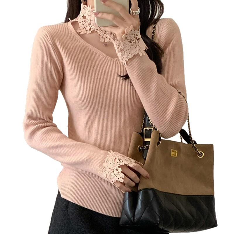 French collar V-neck lace knit sweater, autumn/winter new long-sleeve sweater, slim fit, base layer