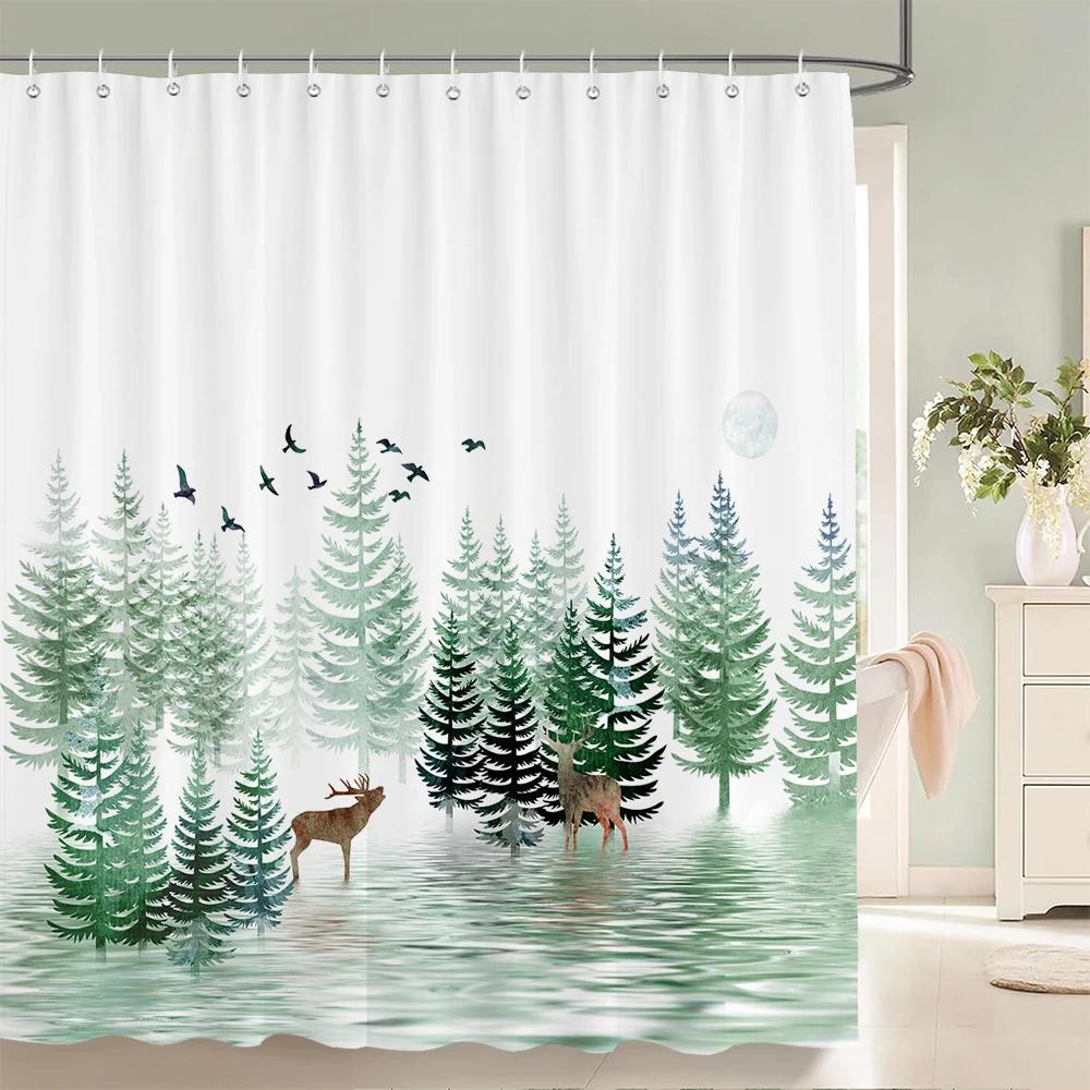 Forest Elk Deer Shower Curtain Trees Landscape Bathroom Decor Curtains Polyester Fabric Waterproof Bath Curtain With Hooks