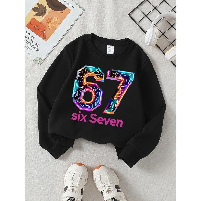 Girls' Long-Sleeve Round Neck Sweatshirt with Printed Neon Circuit Number Design, Suitable for Spring And Autumn, Fashionable And Casual