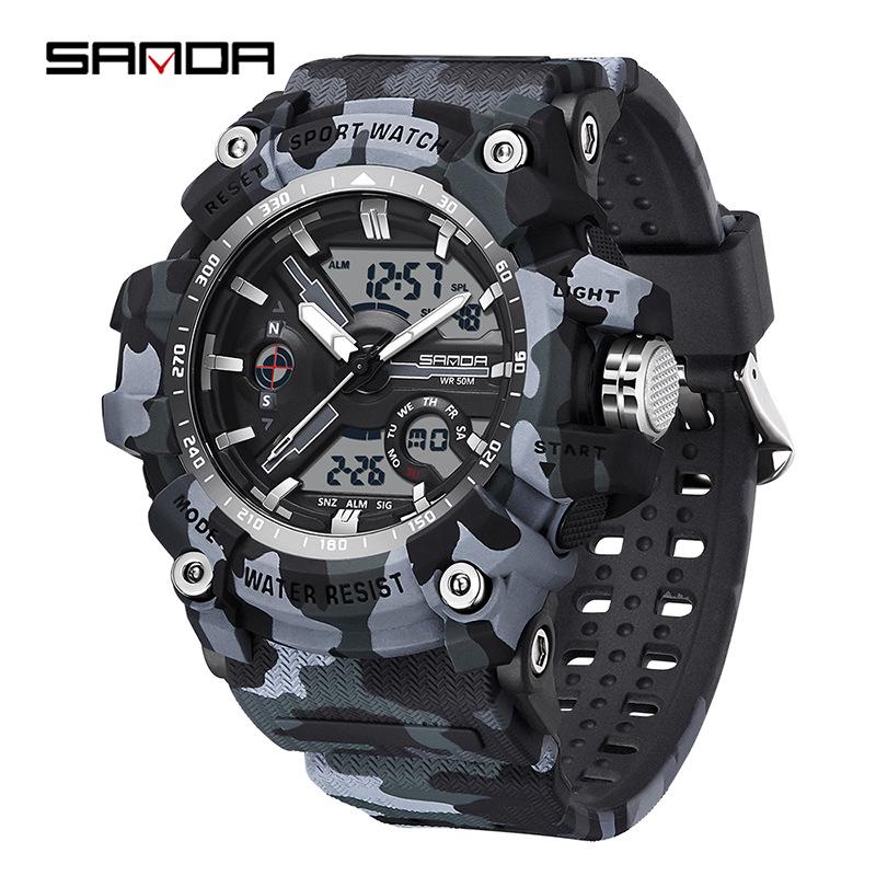 SANDA Women's Trendy LED Dual Display Waterproof Watch with Hourly Chime