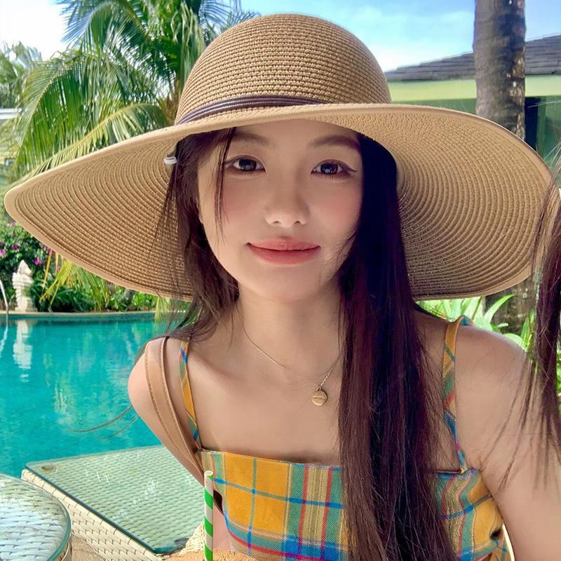 

Женская красивая соломенная шляпа с широкими полями, украшенная кружевом и бантом, пляжная шляпа для защиты от солнца, шляпа-тень one size