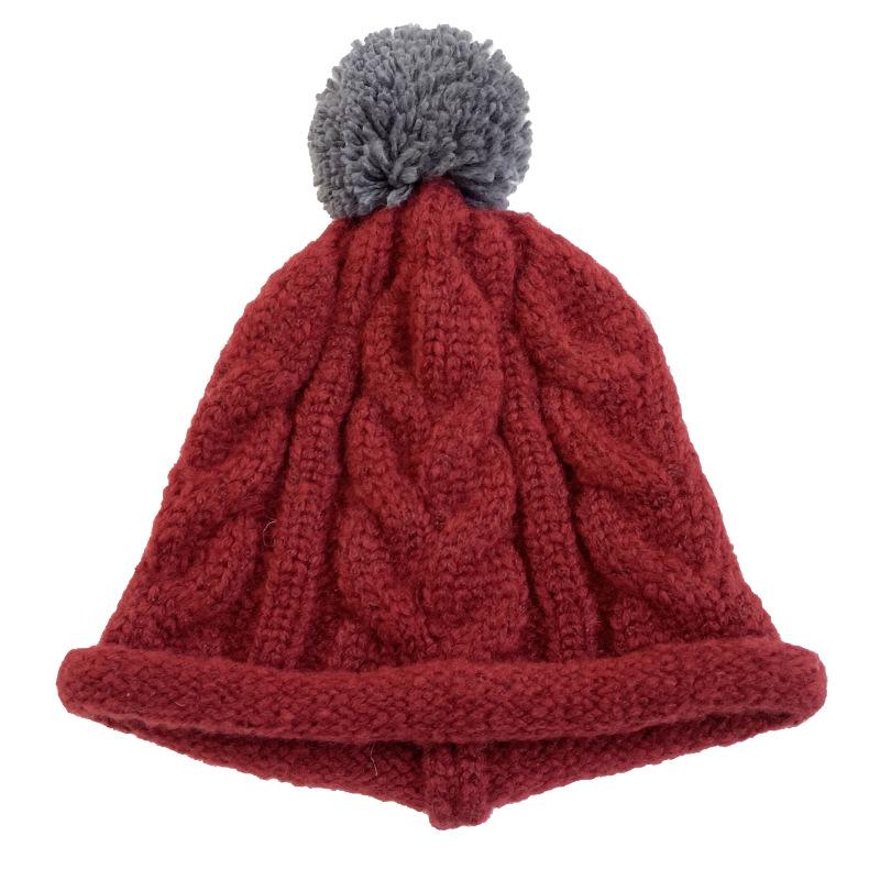 Cat Brother Unisex Korean Style Color Block Pom-Pom Knit Beanie - Warm Wool Hat for Kids, Autumn/Winter
