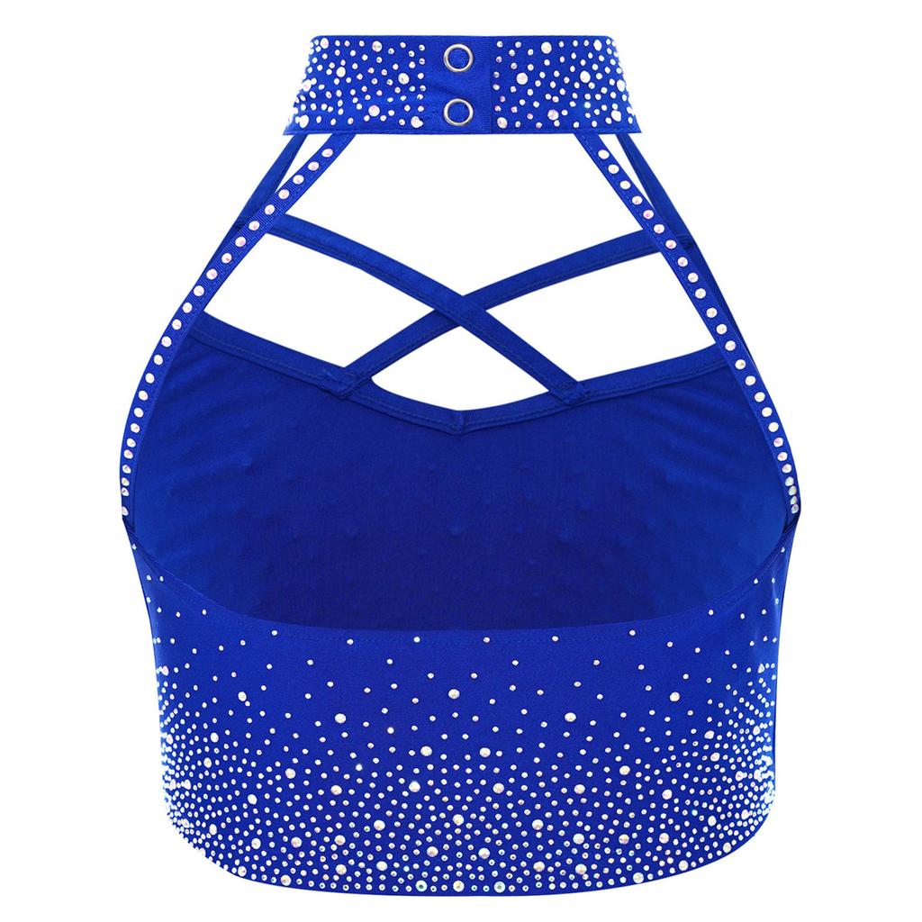 Kids Gymnastics Top Halter Sleeveless with Sparkling Rhinestones Cross Front Backless Dance Wear Costume