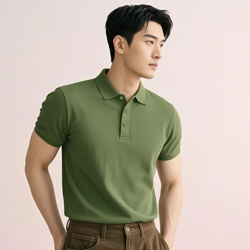 

Summer Men Solid Color Short Sleeve Green Polo Shirt Casual Top M зелёный