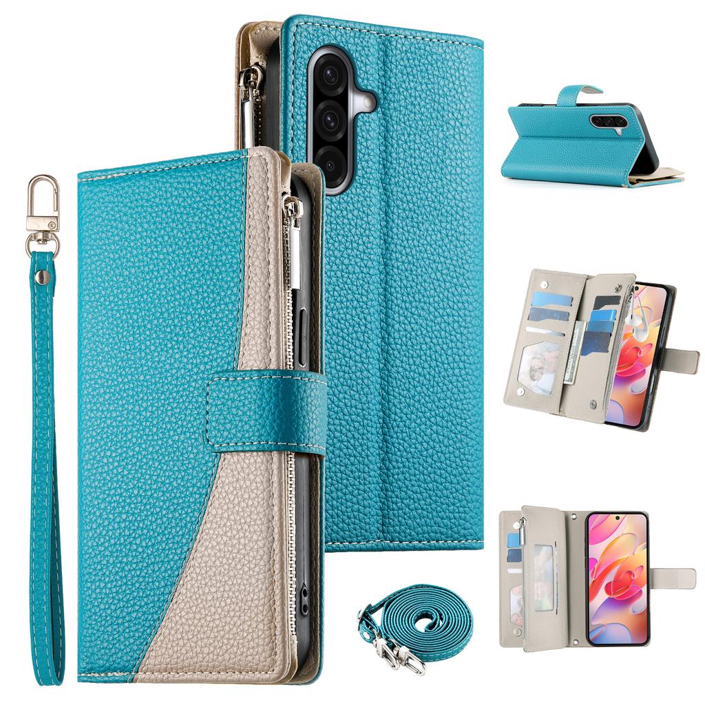For Samsung Galaxy A36 5G Case Zipper Wallet Color Splicing Leather Flip Phone Cover with Straps