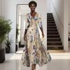 Women Maxi Dress V-Neck Half Sleeve High Waist Long Dress Floral Print Large Hem A-Line Dress Party Daily Wear