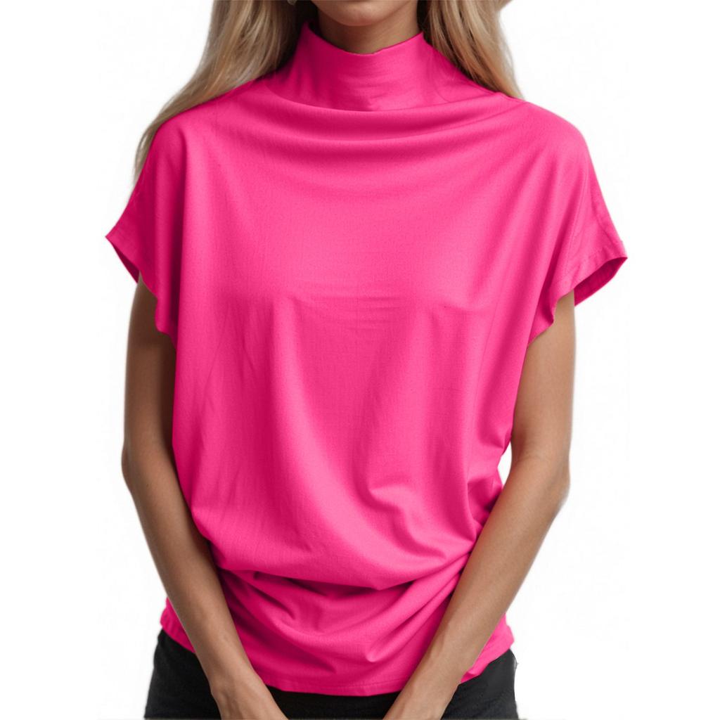 Mode Damen Halb Rollkragen Ärmel Tops Polyester Baumwolle Lose Kurzarm T-shirt Für Frauen