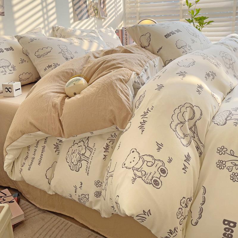 Washed Cotton 4Pcs Dormitory Small Fresh Naked Sleeping 3Pcs Double-Layer Yarn Bed Sheet Quilt Cover