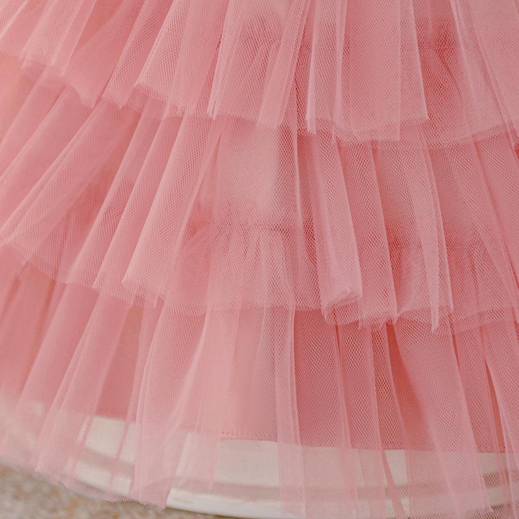 2026 Girls' V-Neck Mesh Cake Skirt Dress - Birthday & Flower Girl Party Outfit