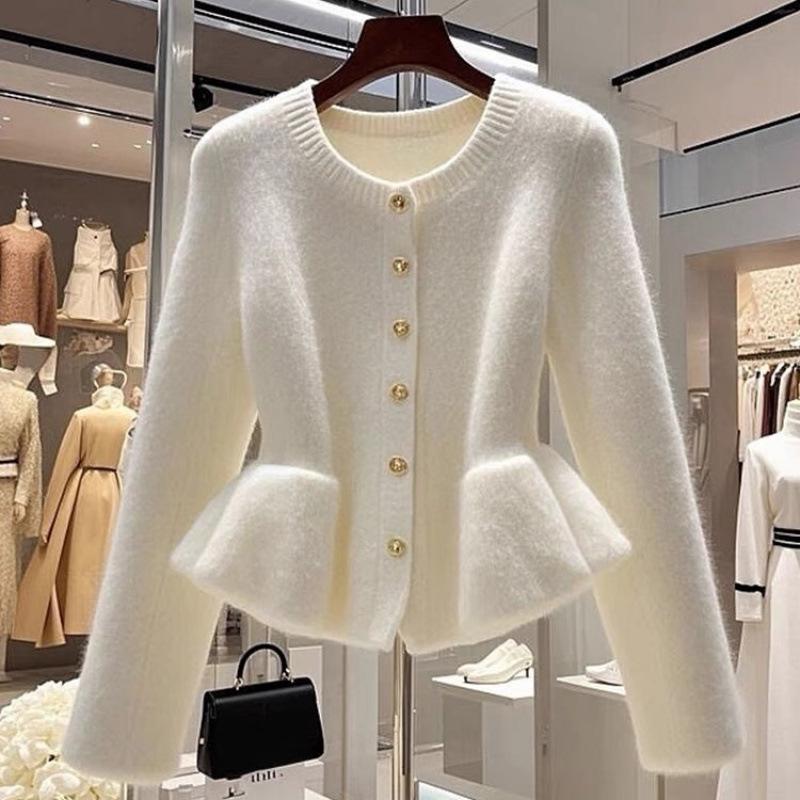 

Милый вязаный кардиган «Temperament Goddess Fan» с круглым вырезом, оборками на талии и длинными рукавами на осень/зиму. S (recommended for 80-95 jin) белый