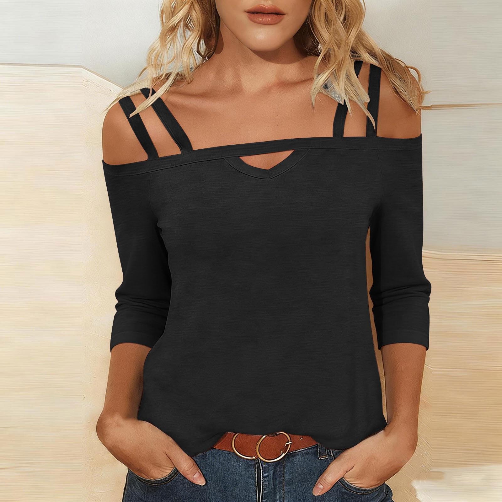 Womens Off Shoulder Top Short Sleeve Cut Out Detail Cross Strap Casual Blouse Summer Lightweight Knit Shirt XXL чёрный