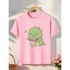 European Sizes Girls' Cute Dinosaur Drinking Hot Chocolate T-Shirt - Soft Pink with Green Dinosaur & Cup Design, Breathable Summer Casual Top