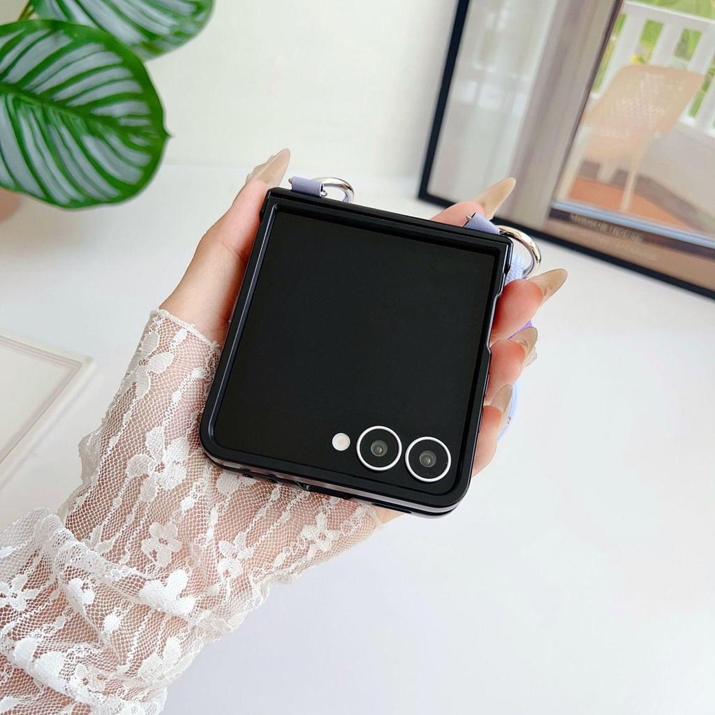 Samsung ZFlip7 Leder Handyhülle mit farbig gewebtem Seil - Passend für ZFlip6/5, Einfarbig, Faltbares Bildschirm-Backcover