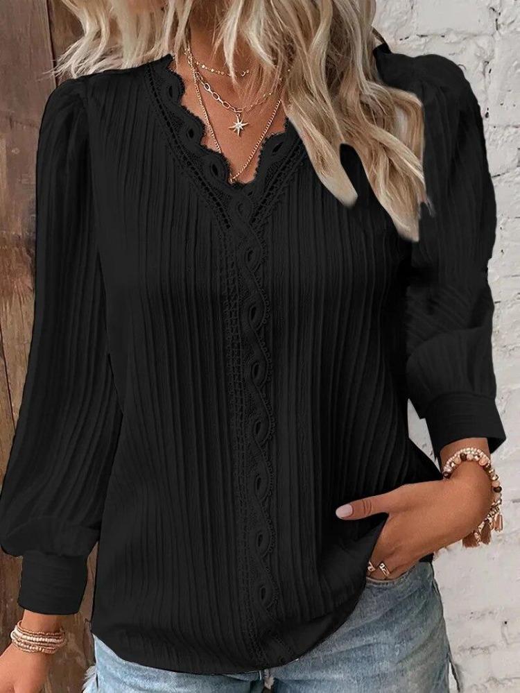 Elegant Womens Loose Fitting White Shirt Long Sleeved V Neck Lace Patchwork Blouse 2024 Fashion Office Casual Tops