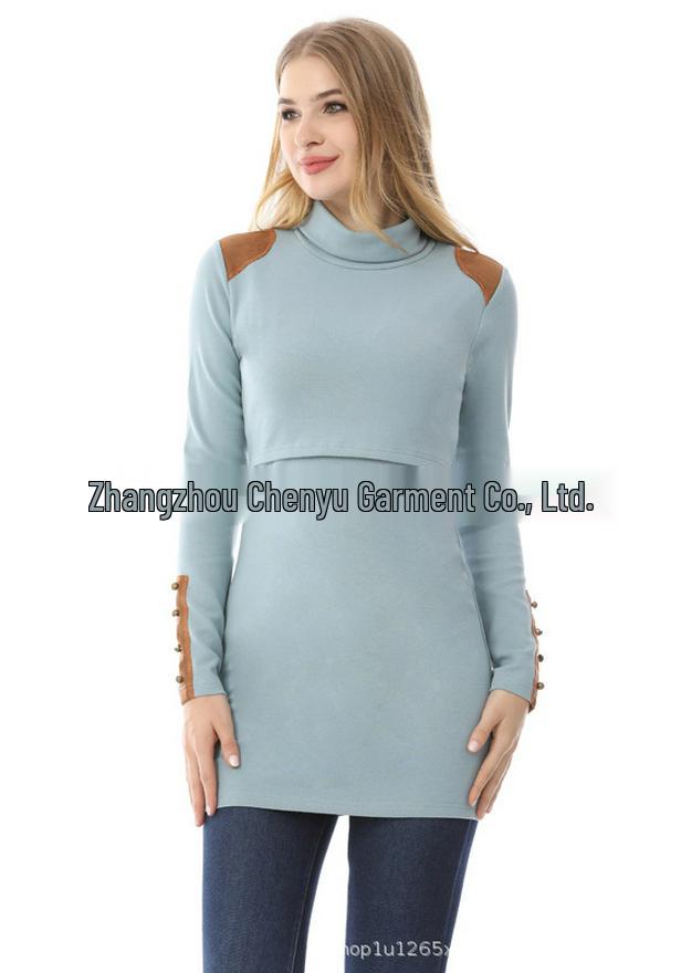 Warm High Neck Slim Fit Nursing Maternity Top with Integrated Bra for Autumn/Winter