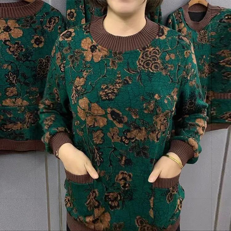 Imitation Super Winter Large Size Mom Pack Fleece Thickened New Printed Long Sleeve Warm Middle Old Lady Bottom Shirt