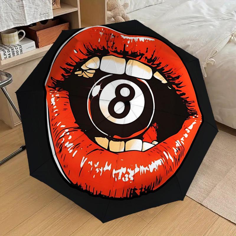 1PC Lips Eight Ball Automatic Folding Umbrella - Compact 8-Rib Design, Durable Plastic & Iron, Lightweight for Outdoor Daily Use, Festive Gift042