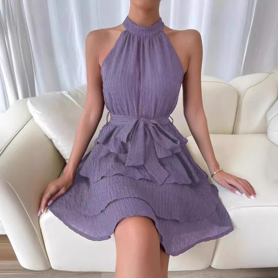 Women Halter Sleeveless Dress Ruffle Layered Swing Dress Loose Lightweight Elegant Solid Color