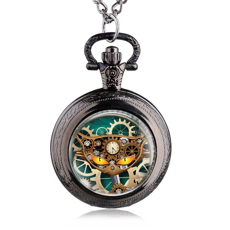 Bronze Vintage Steampunk Cat Locket Necklace Pocket Watch Pendant Gift