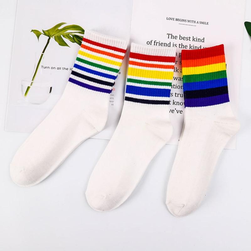 Ladies Spring Rainbow Thick Pinstripe Skateboard Mid Tube Socks