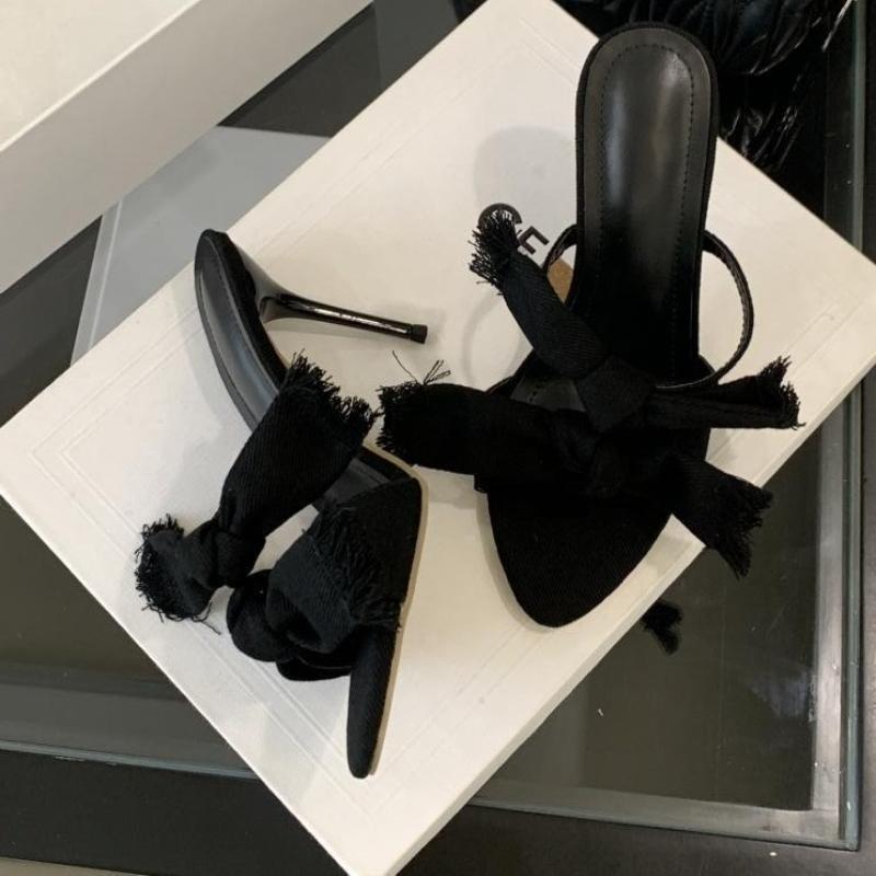 Fashion Denim Butterfly-knot Design Brand Slippers Women Fashion Pointed Toe Thin Heel Slide Sandals Elegant Party Dress Zapatos Mujer