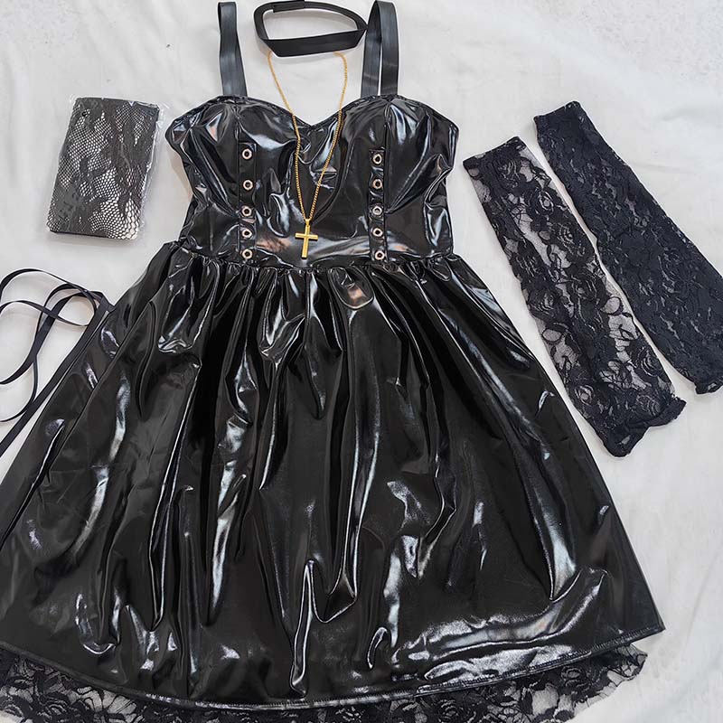 Misamisa Cosplay Costume Death Not Women Goth Dress With Stockings Garters Choker Gothic Misa Amane Leather Dress For Halloween