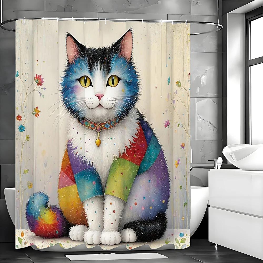 Cute Cat Floral Shower Curtain, Bathroom Decorative Shower Curtain, Waterproof Shower Curtain with Hooks